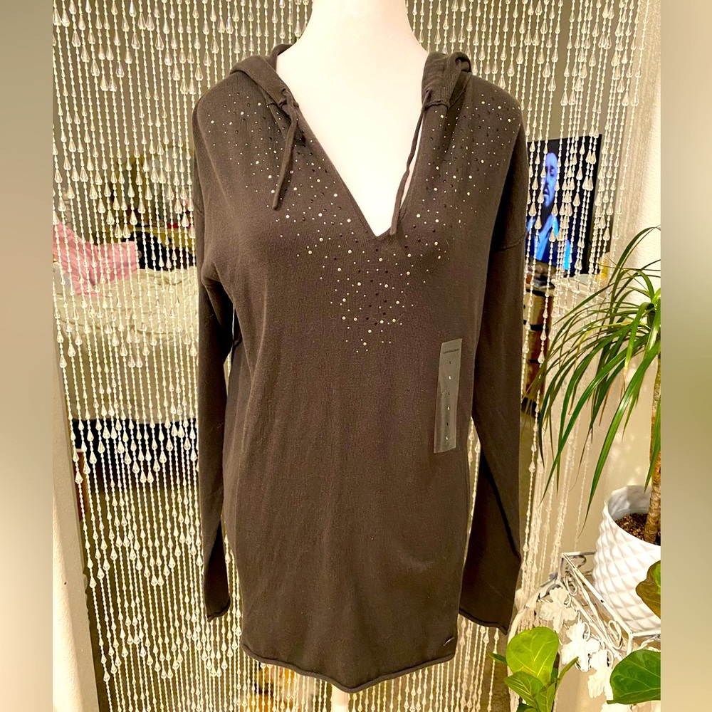 CALVIN KLEIN V-NECK BLOUSE W/HOOD NWT - Picture 1 of 7
